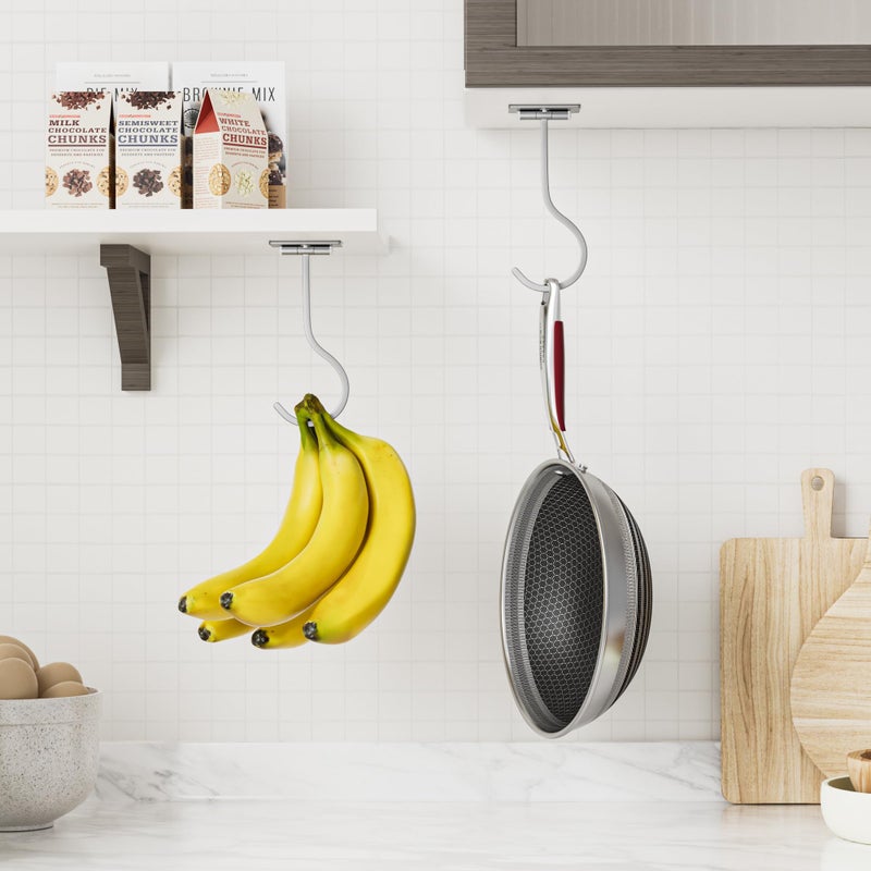 bussdis Adhesive Banana Hanger Under Cabinet: Sticky Banana Hooks Under Counter, Banana Holder for Hanging Kitchen Utensil, Foldable with Magnets When Not in Use, Keep Bananas Fresh, Hold 13 LB, Silver - Image 3