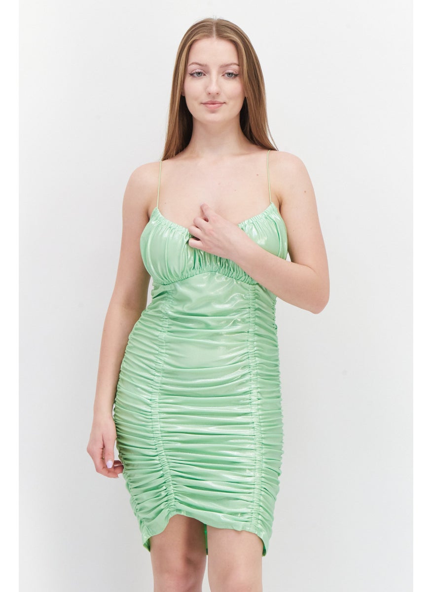 RIVER ISLAND Women Metallic Ruched Mini Dress, Green  - Image 1
