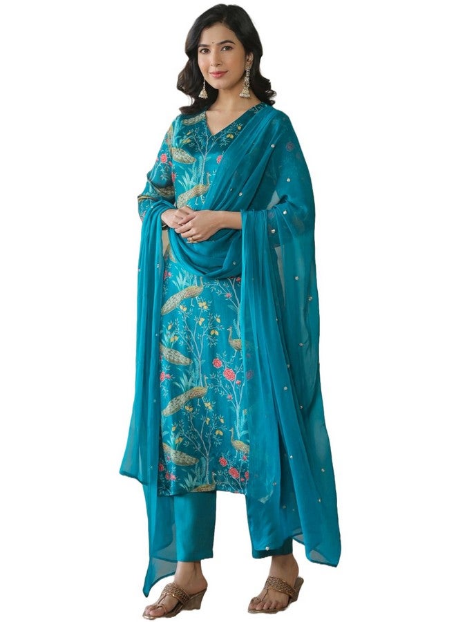 ANNI DESIGNER ANNI DESIGNER Women's Cotton Blend Straight Printed Kurta with Pant & Dupatta (GETO RAMA_XXL_Light Blue_XX-Large) - Image 1