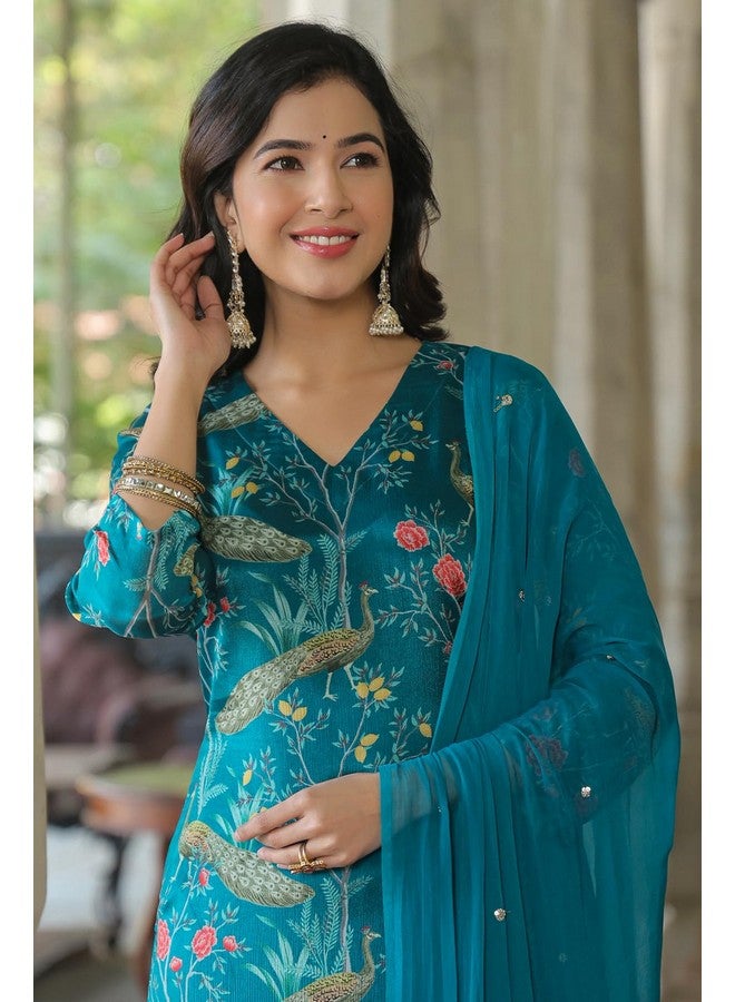 ANNI DESIGNER ANNI DESIGNER Women's Cotton Blend Straight Printed Kurta with Pant & Dupatta (GETO RAMA_XXL_Light Blue_XX-Large) - Image 2