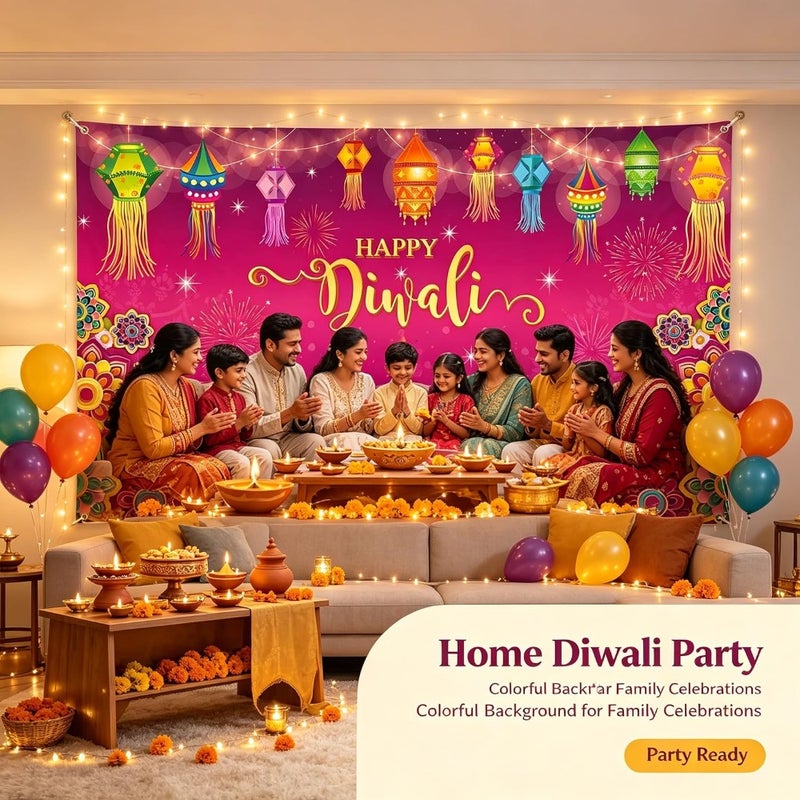 Festival party decoration backdrop: polyester, gold and red, 180x110cm Diwali photo background with diya, rangoli, and lanterns pattern - Image 5