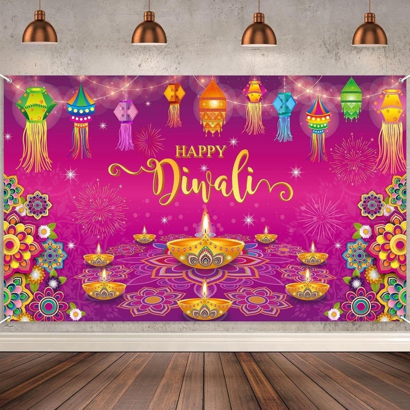 Festival party decoration backdrop: polyester, gold and red, 180x110cm Diwali photo background with diya, rangoli, and lanterns pattern - Image 4