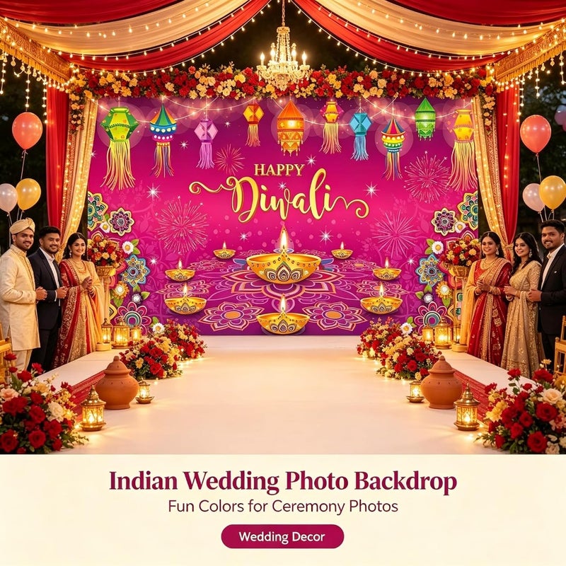 Festival party decoration backdrop: polyester, gold and red, 180x110cm Diwali photo background with diya, rangoli, and lanterns pattern - Image 2