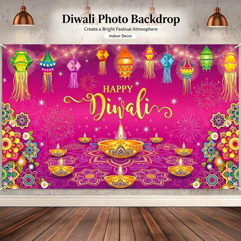 Festival party decoration backdrop: polyester, gold and red, 180x110cm Diwali photo background with diya, rangoli, and lanterns pattern - Image 1