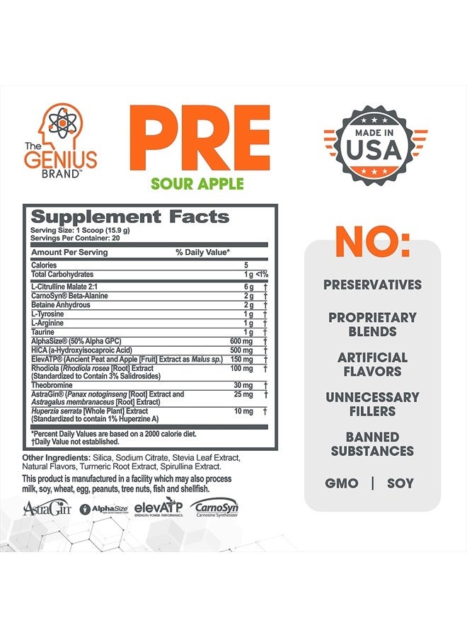 The Genius Brand مسحوق جينيوس قبل التمرين، تفاح حامض - مكمل طبيعي بالكامل معزز للنيتريك أكسيد خالي من الكافيين مع بيتا ألانين وألفا جي بي سي - بدون نكهات صناعية أو محليات أو ألوان - Image 2