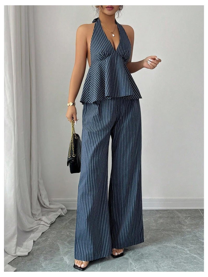 OYOANGLE Women's Two Piece Striped Outfits Backless Ruffle Halter Shirt Wide Leg Pants Business Casual Matching Sets Blue Large - Image 5
