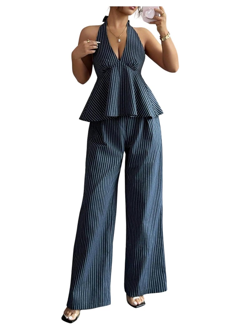 OYOANGLE Women's Two Piece Striped Outfits Backless Ruffle Halter Shirt Wide Leg Pants Business Casual Matching Sets Blue Large - Image 1