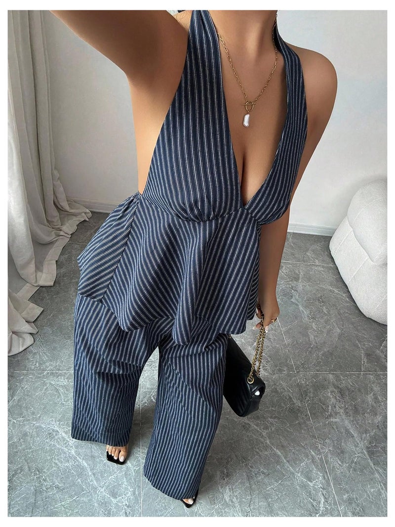 OYOANGLE Women's Two Piece Striped Outfits Backless Ruffle Halter Shirt Wide Leg Pants Business Casual Matching Sets Blue Large - Image 2