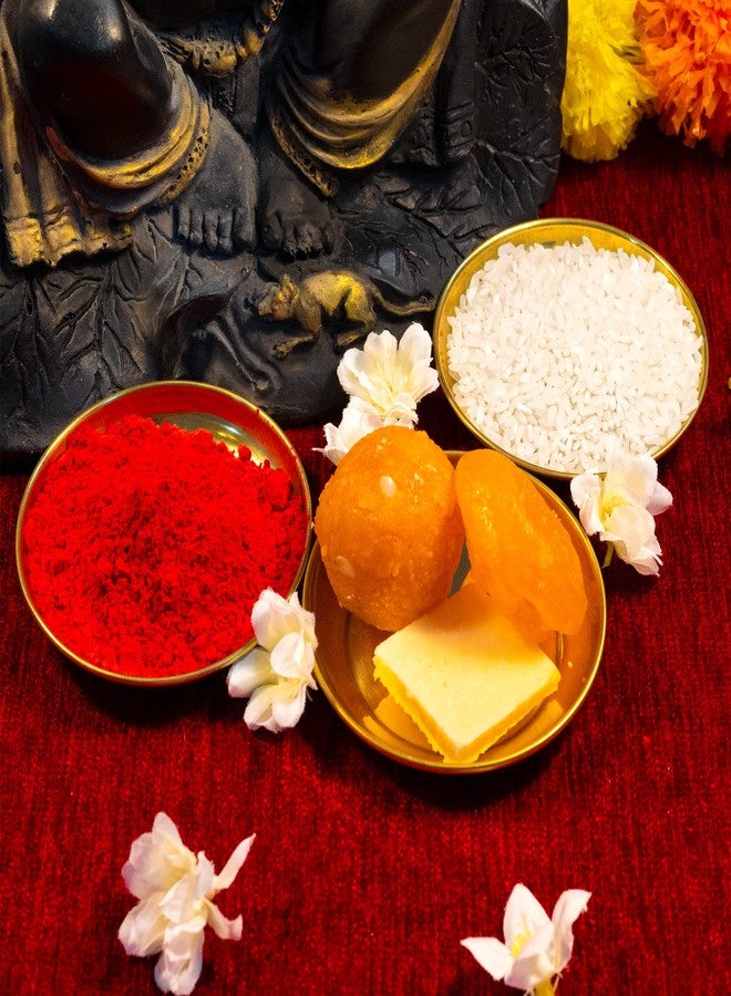 Aditri Creation Set of 3 Small Decorative Brass Plate, New Year Pooja Festival Decorations Indian Prasad Plate Katori for Pooja Pooja Utensils Item Articles (Size 4" Diameter) - Image 3