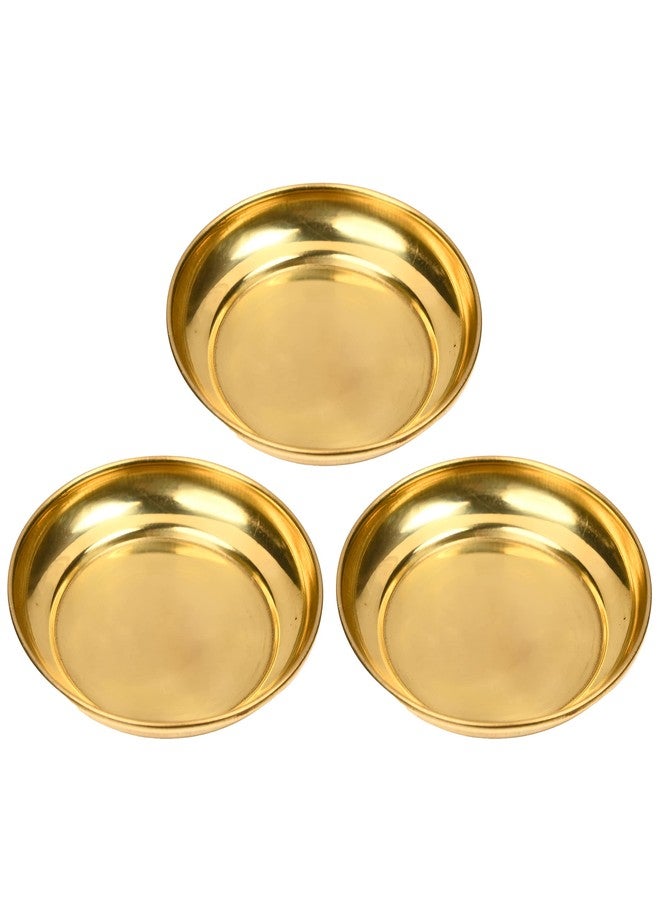 Aditri Creation Set of 3 Small Decorative Brass Plate, New Year Pooja Festival Decorations Indian Prasad Plate Katori for Pooja Pooja Utensils Item Articles (Size 4" Diameter) - Image 1