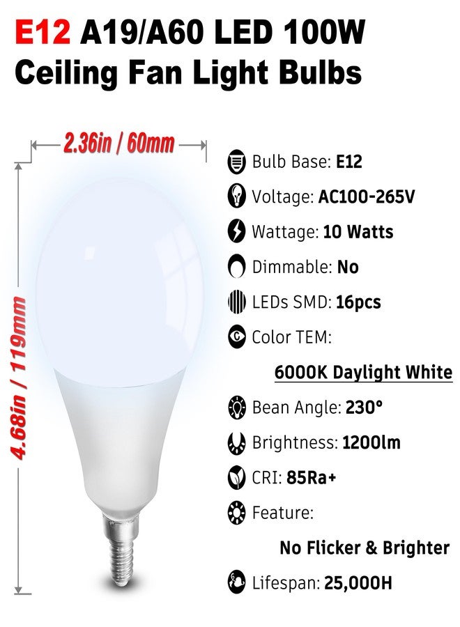 مصابيح LED مكافئة لـ 100 واط، قاعدة لولبية E12 A19 A60، مصابيح إضاءة سقف LED، ضوء أبيض نهاري 6000 كلفن، مصابيح ثريا كروية الشكل بقاعدة لولبية صغيرة E12، 10 واط، 1200 لومن، غير قابلة للتعتيم، 3 قطع - Image 2