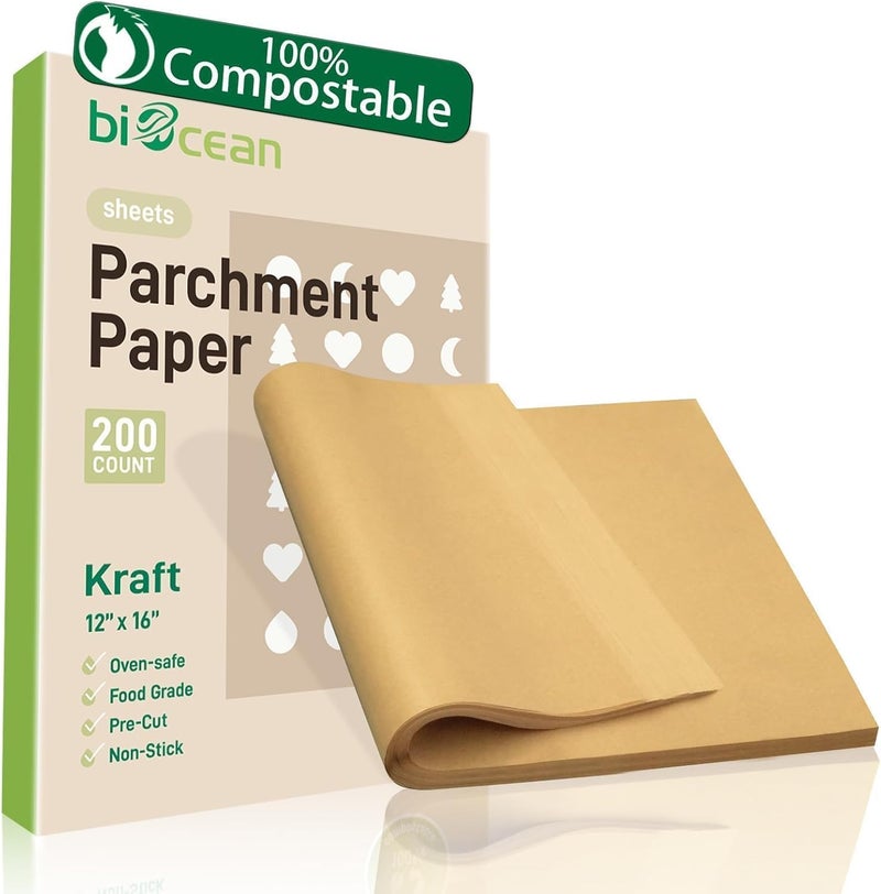 biocean 200Pcs 12x16In Unbleached Parchment Paper Sheets Precut Heavy Duty Flat Kitchen Baking Supplies Paper Non-Stick,Non-Toxic Cooking Paper for Air Fryer, Steaming, Oven Make Cup Cake Bread Cookie - Image 1
