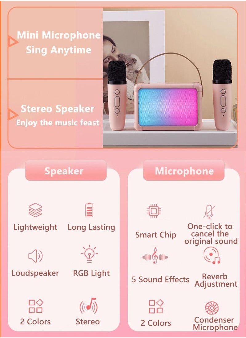 Vermaney - Mini Karaoke Machine, Wireless Bluetooth Karaoke Microphone, Portable RGB Bluetooth Speaker with 2 Wireless Microphone, Hi-Fi Stereo Speaker for Party (Beige) - Image 1