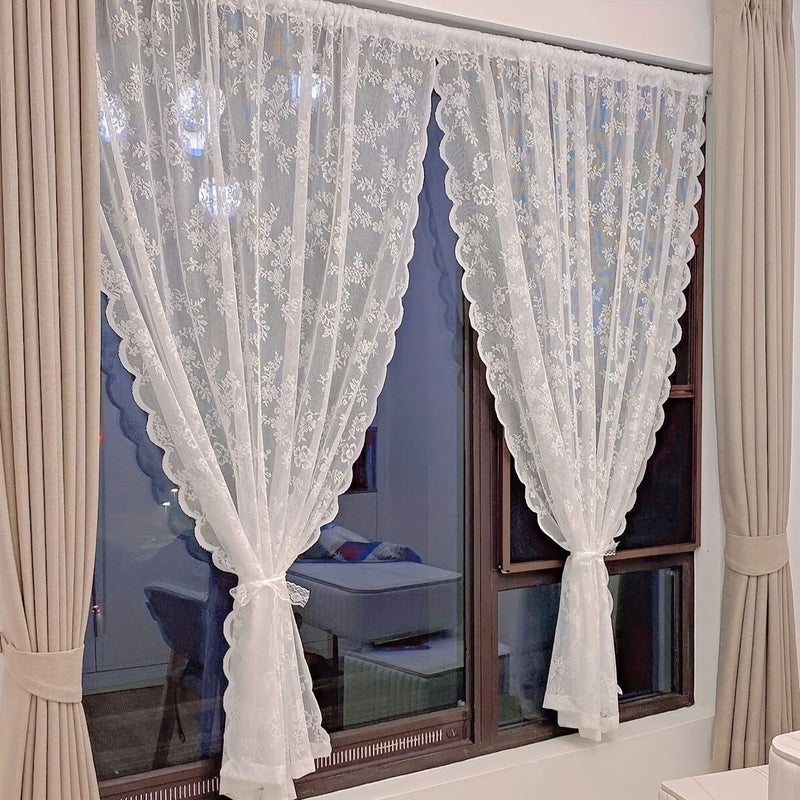 Set Of 2 White Floral Lace Sheer Curtain Panels 57 X 54 Inch Rod Pocket - Image 1