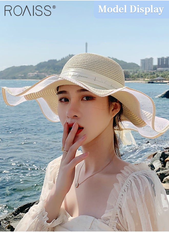 roaiss - Womens Ruffled Straw Hats Bohemian Wide Wave Brim Sun Hat Foldable Sun Visor Bowknot Summer Beach Straw Hat for Ladies Beige - Image 1