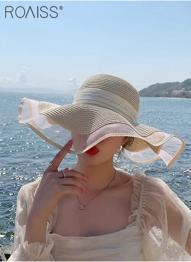roaiss - Womens Ruffled Straw Hats Bohemian Wide Wave Brim Sun Hat Foldable Sun Visor Bowknot Summer Beach Straw Hat for Ladies Beige - Image 1