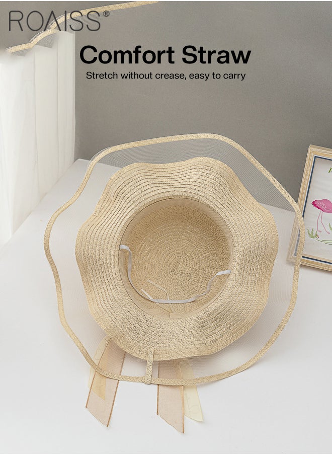 roaiss - Womens Ruffled Straw Hats Bohemian Wide Wave Brim Sun Hat Foldable Sun Visor Bowknot Summer Beach Straw Hat for Ladies Beige - Image 1