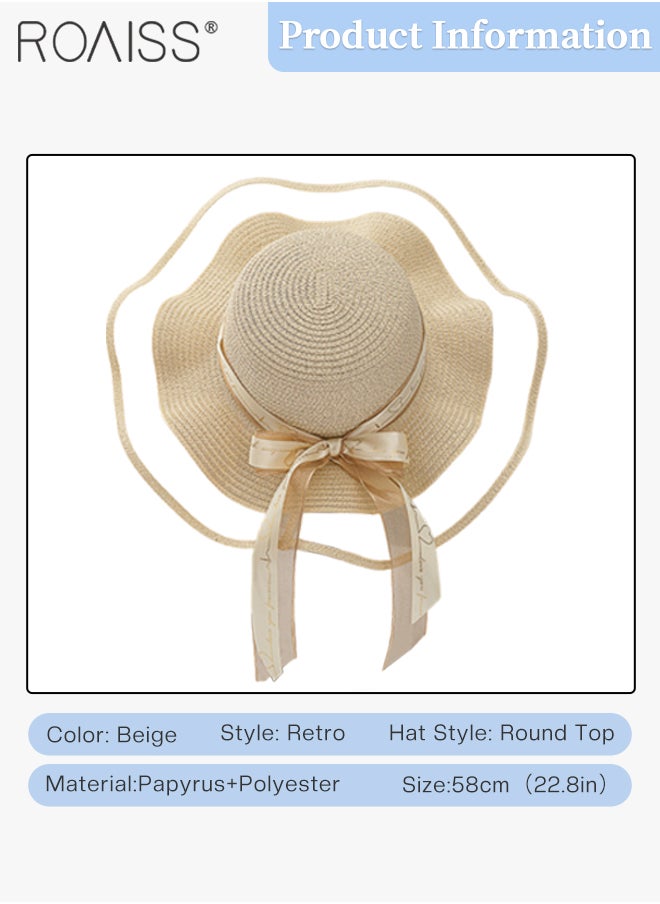 roaiss - Womens Ruffled Straw Hats Bohemian Wide Wave Brim Sun Hat Foldable Sun Visor Bowknot Summer Beach Straw Hat for Ladies Beige - Image 1