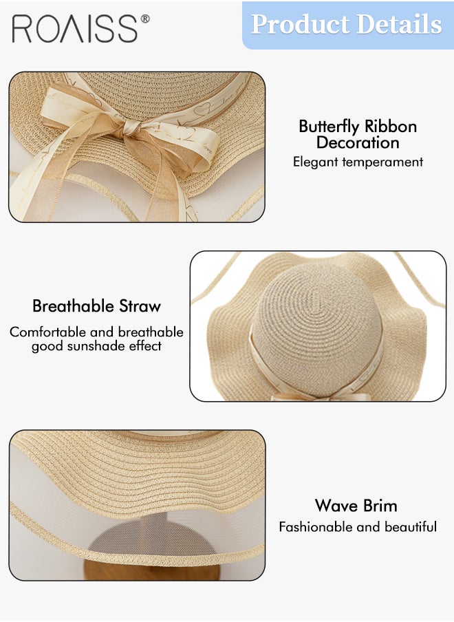 roaiss - Womens Ruffled Straw Hats Bohemian Wide Wave Brim Sun Hat Foldable Sun Visor Bowknot Summer Beach Straw Hat for Ladies Beige - Image 1