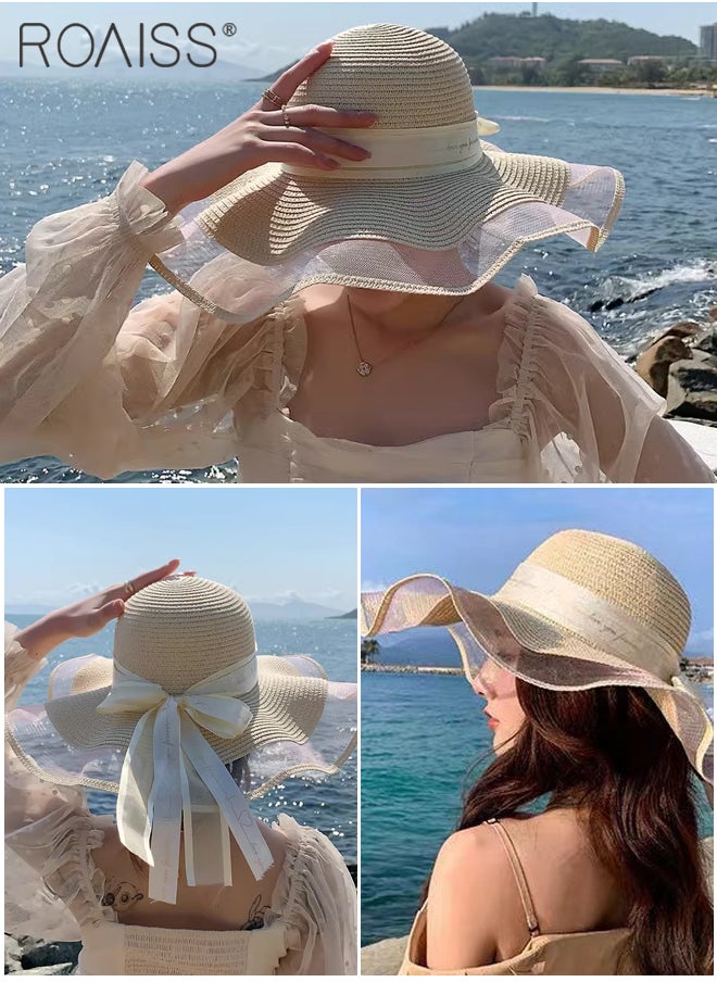 roaiss - Womens Ruffled Straw Hats Bohemian Wide Wave Brim Sun Hat Foldable Sun Visor Bowknot Summer Beach Straw Hat for Ladies Beige - Image 1