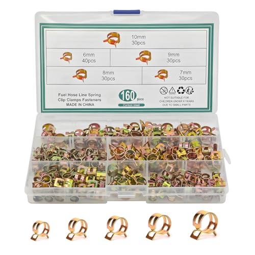 BESULEN 160 Pcs Spring Hose Clamps, 5 Size Spring Band Type Fuel Line Hose Clips, Zinc-Plated Low Pressure Clamp for Silicone Vacuum Pipe, Automotive Fastener Assortment Kit - Image 1