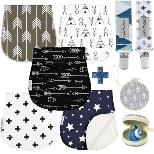 Dodo Babies 5-Pack Baby Burp Cloths - Soft Absorbent & Neutral Burp Cloths - Contoured Shoulder Fit & Baby Boy Essentials - Includes Pacifier Case & Pacifier Clip - Blue Grey Black, 2 Clips & 1 Case - Image 1