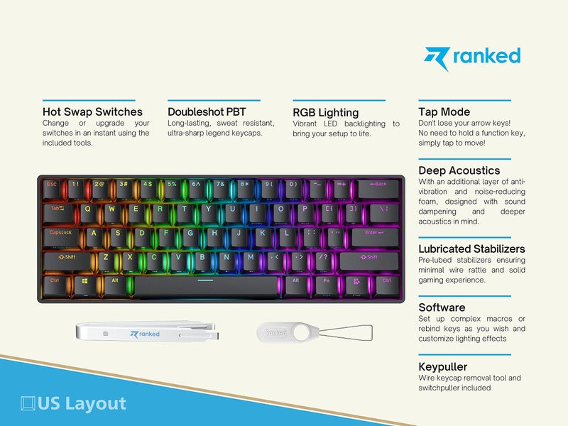 Ranked N60 Nova 60% Form Factor | Hot Swappable Mechanical Gaming Keyboard | 61 Keys Multi Color RGB LED Backlit for PC/Mac Gamer (Black, Gateron Brown) - Image 2