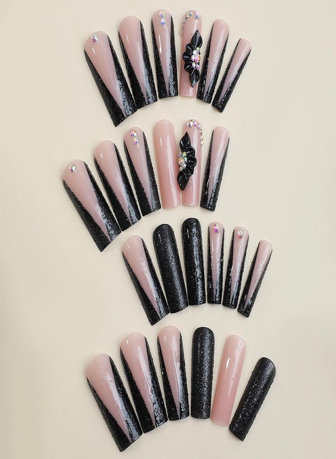 MISUD Press on Nails - Long Square Glue on Nails with Black French Tip, Acrylic Flower Rhinestone Design 24 pcs - Image 2