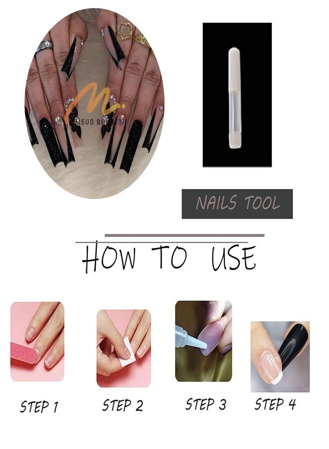 MISUD Press on Nails - Long Square Glue on Nails with Black French Tip, Acrylic Flower Rhinestone Design 24 pcs - Image 4