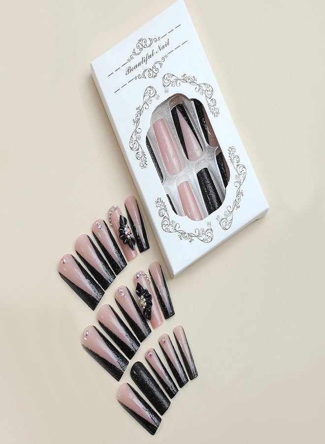 MISUD Press on Nails - Long Square Glue on Nails with Black French Tip, Acrylic Flower Rhinestone Design 24 pcs - Image 3