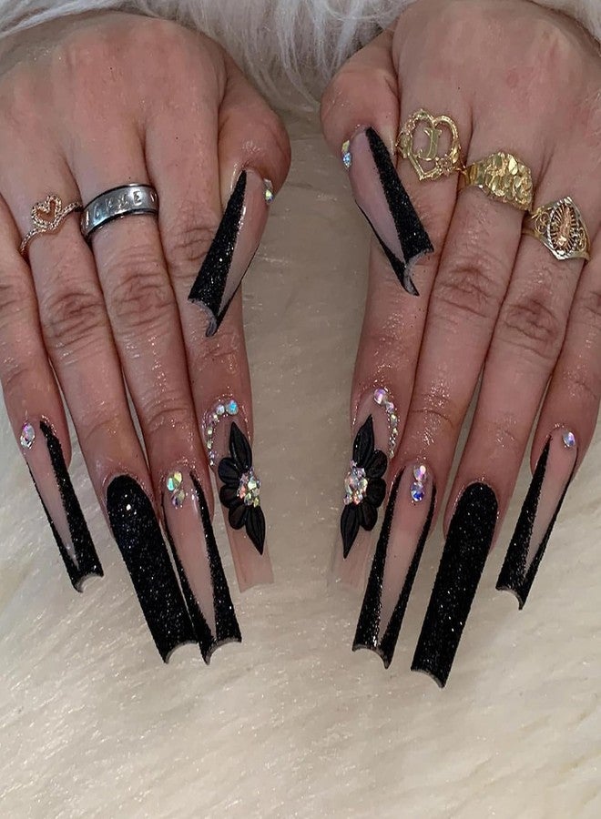 MISUD Press on Nails - Long Square Glue on Nails with Black French Tip, Acrylic Flower Rhinestone Design 24 pcs - Image 1