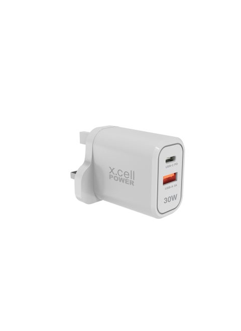 Xcell 30W Dual Port Fast Charger | USB-C PD + USB-A Output | Universal Compatibility | Over-Charge & Heat Protection | Compact Charger for iPhone, Samsung, iPad, Laptops | High-Speed Charging – White