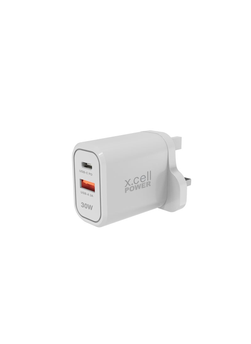 Xcell Xcell 30W Dual Port Fast Charger | USB-C PD + USB-A Output | Universal Compatibility | Over-Charge & Heat Protection | Compact Charger for iPhone, Samsung, iPad, Laptops | High-Speed Charging – White  - Image 2