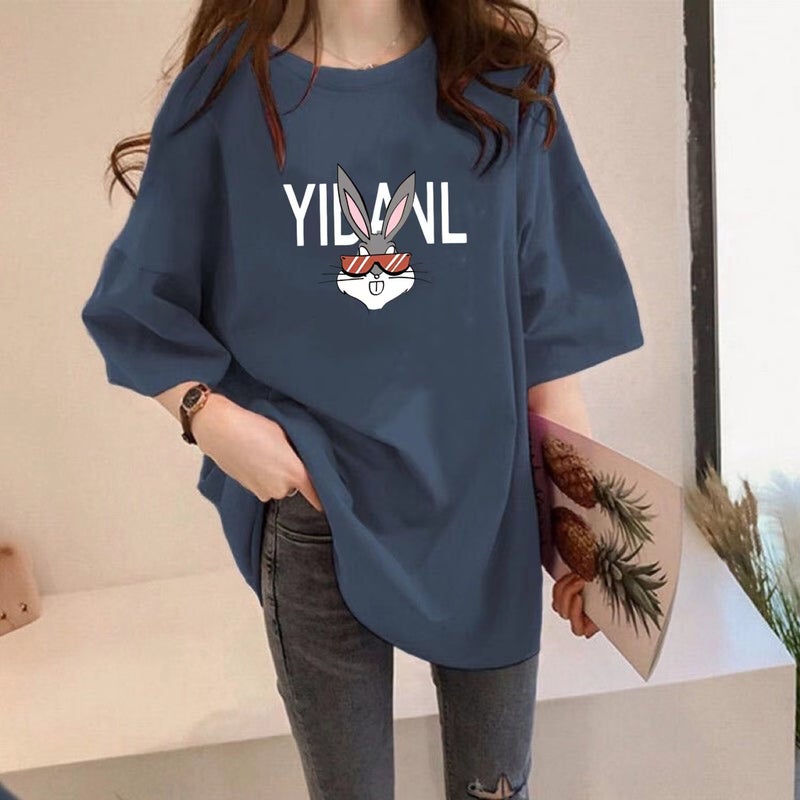 Large Edition Chubby Girls Short-sleeved T-shirt Women's New Summer Korean-style Loose Mid-length Round Neck Rabbit Printed Half-sleeved Top - Image 3
