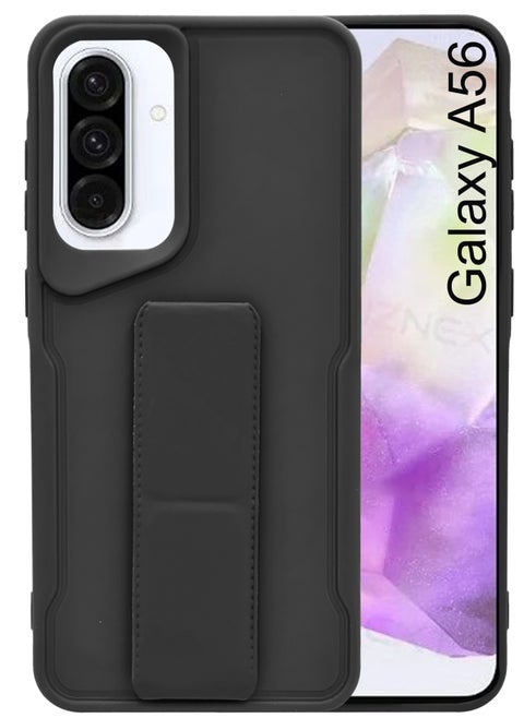 For Samsung Galaxy A56 - Hard Silicone Magnetic Back Stand Case  With Foldable Kickstand & Finger Strap  - Black