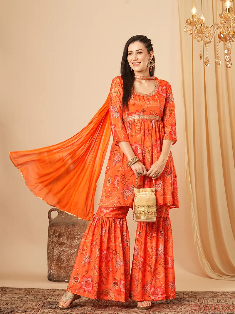 Women Floral Printed Pleated Sequinned Kurti With Sharara & Dupatta