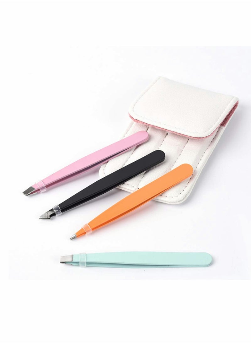 KASTWAVE Eyebrow Tweezers Set Professional Stainless Steel Tweezers Set (4 colors) with Leather Bag Case for eyebrow and Eyelash tweezer for Ingrown Hair, Facial Hair, Blackhead and Tick Remove  - Image 2