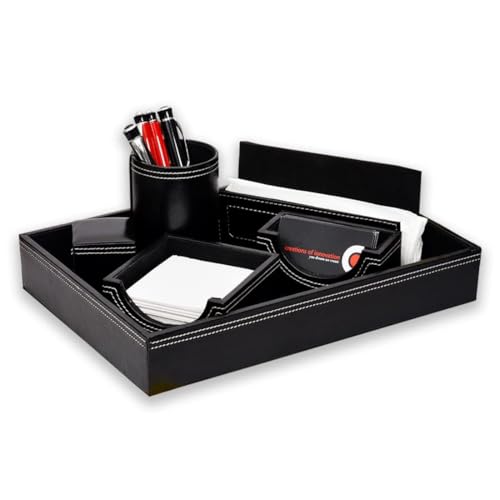 COI Faux Leather Desk Organizer Set 5-in-1 | Premium Office Desktop Tray with Pen Stand, Tissue Holder, Card Holder, Note Holder & Storage Box (Black) - Image 3