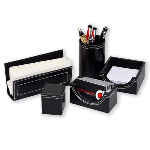 COI Faux Leather Desk Organizer Set 5-in-1 | Premium Office Desktop Tray with Pen Stand, Tissue Holder, Card Holder, Note Holder & Storage Box (Black) - Image 2