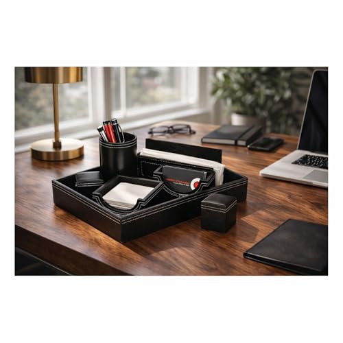 COI Faux Leather Desk Organizer Set 5-in-1 | Premium Office Desktop Tray with Pen Stand, Tissue Holder, Card Holder, Note Holder & Storage Box (Black) - Image 1