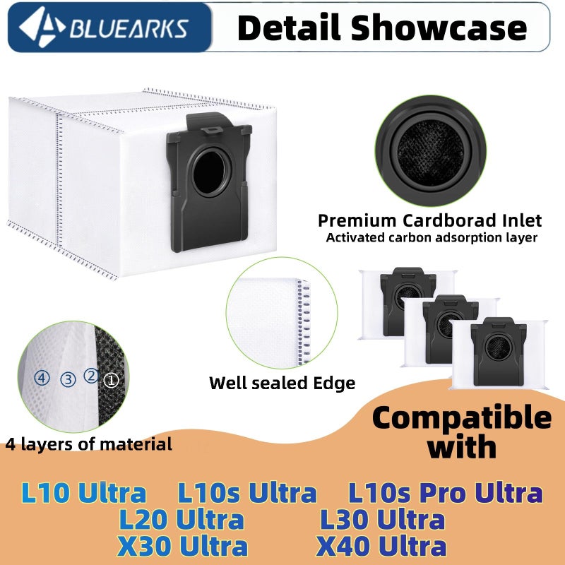 Bluearks 14Pcs Compatible with Dreame L10s Ultra Gen 2/X50 Ultra/L40 Ultra Robot Vacuum,3.2-Liter Large Capacity Activated Carbon Adsorptio Bags,Four-Layer Sealed Disposable dust bag,9 Week - Image 4