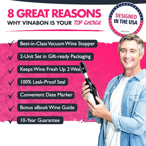 VINABON Vacuum Wine Stopper Set [Pack of 2] - Updated 2026 Preserves Freshness and Flavor for 15 Days. Improved One Pump Button Design, 100% Leak Proof Seal in Any Position. Includes WineGuide eBook - Image 2