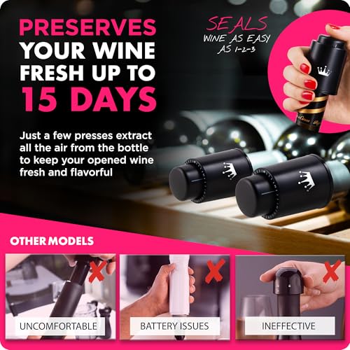 VINABON Vacuum Wine Stopper Set [Pack of 2] - Updated 2026 Preserves Freshness and Flavor for 15 Days. Improved One Pump Button Design, 100% Leak Proof Seal in Any Position. Includes WineGuide eBook - Image 3