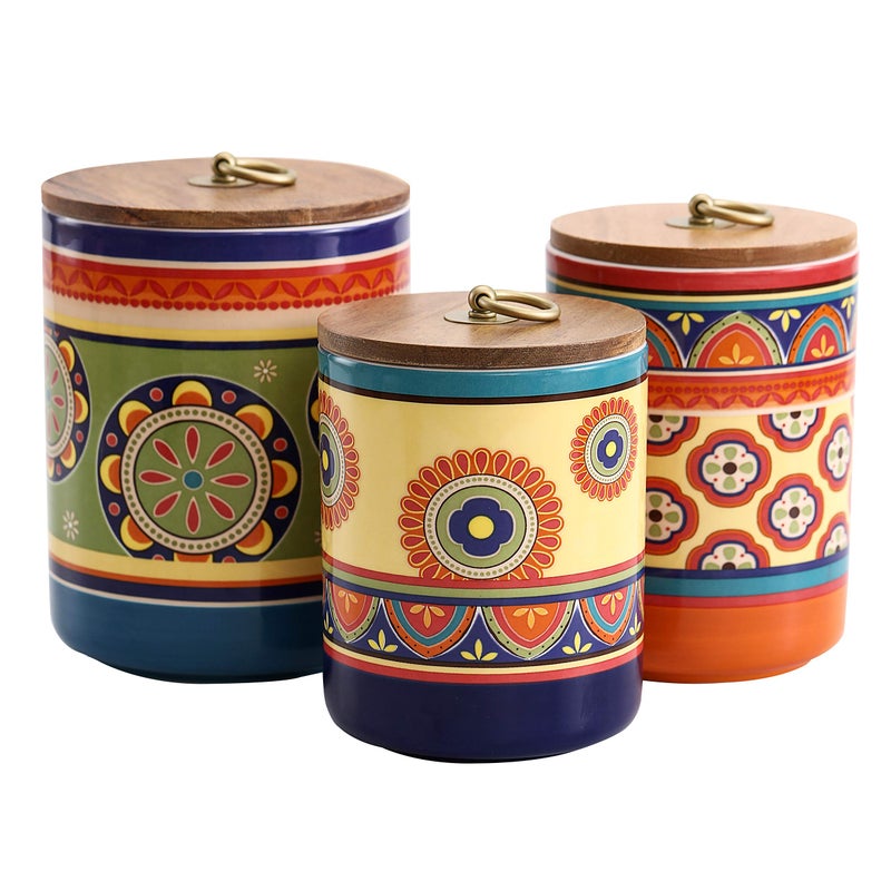 Bico Tunisian Ceramic Canister Set of 3 for Kitchen Counter 62oz 40oz 32oz each with Wooden Air Tight Lid Food Storage Jar for storing Coffee Tea Spice Dishwasher Safe