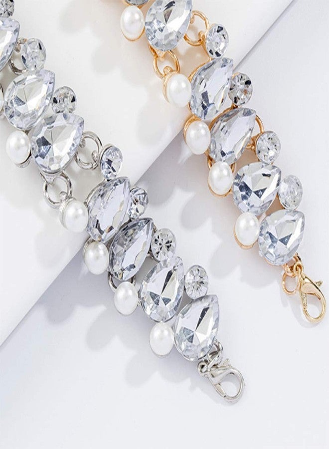 يرتير قلادة YERTTER العصرية اللامعة للنساء، مزينة باللؤلؤ والكريستال والماس، قلادة تشوكر كبيرة الحجم مرصعة بأحجار الراين، مناسبة للعرائس والنساء (فضية) - Image 5