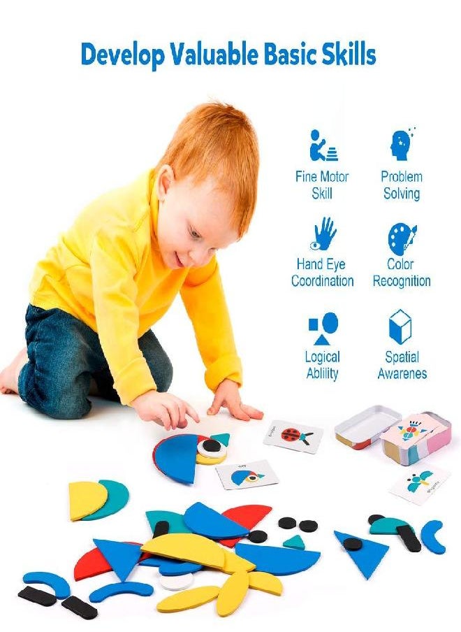 Coogam Wooden Pattern Blocks - Tangram Shape Puzzle Set Color Sorting Stacking Game Wood Animal Jigsaw Preschool Montessori Brain Teaser STEM Gift for 3 4 5 Years Old Toddler Kid (60 Pattern Cards)