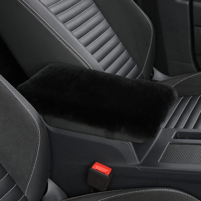 IRIWOOL Sheepskin Armrest Cover Auto Center Armrest Cover Car Soft Console Pad Fluffy Wool Auto Center Console Cover for Most Car Arm Rest Decoration Protector 7 x 13 Inch Shearling Black
