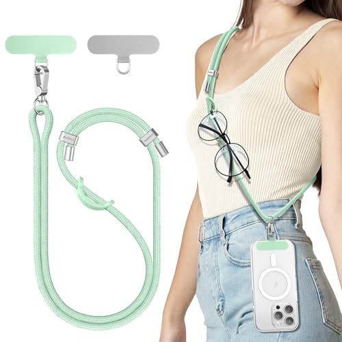 SURPHY Phone Lanyard Adjustable Phone Strap Crossbody with 2 Pack Phone Tether Tab Premium Metal Buckles SkinFriendly Universal Cell Phone Lanyard Crossbody for Women and Men Green - Image 1