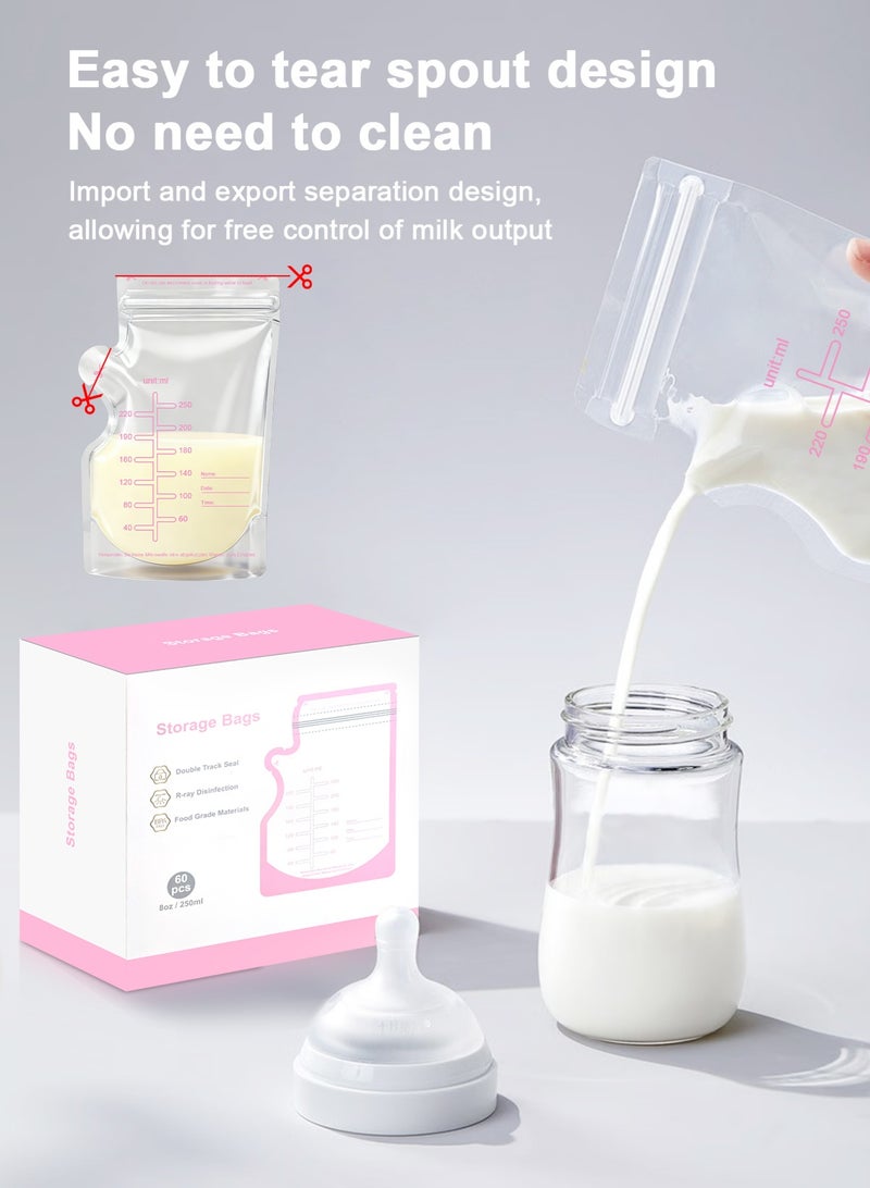 أوربازار 60 كيسًا لتخزين حليب الأم، سعة 250 مل، أكياس تخزين حليب الأم ذاتية الوقوف مانعة للتسرب - Image 3