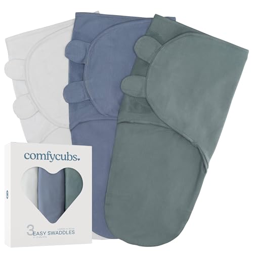 Comfy Cubs Easy Swaddle Blanket, 3 Pack - 100% Cotton Newborn Wrap, Large for 3-6 Months Infants, with Adjustable Velcro, Breathable and Durable Sleep Sack for Babies - Stone, Nomadic Blue & Azul - Image 1